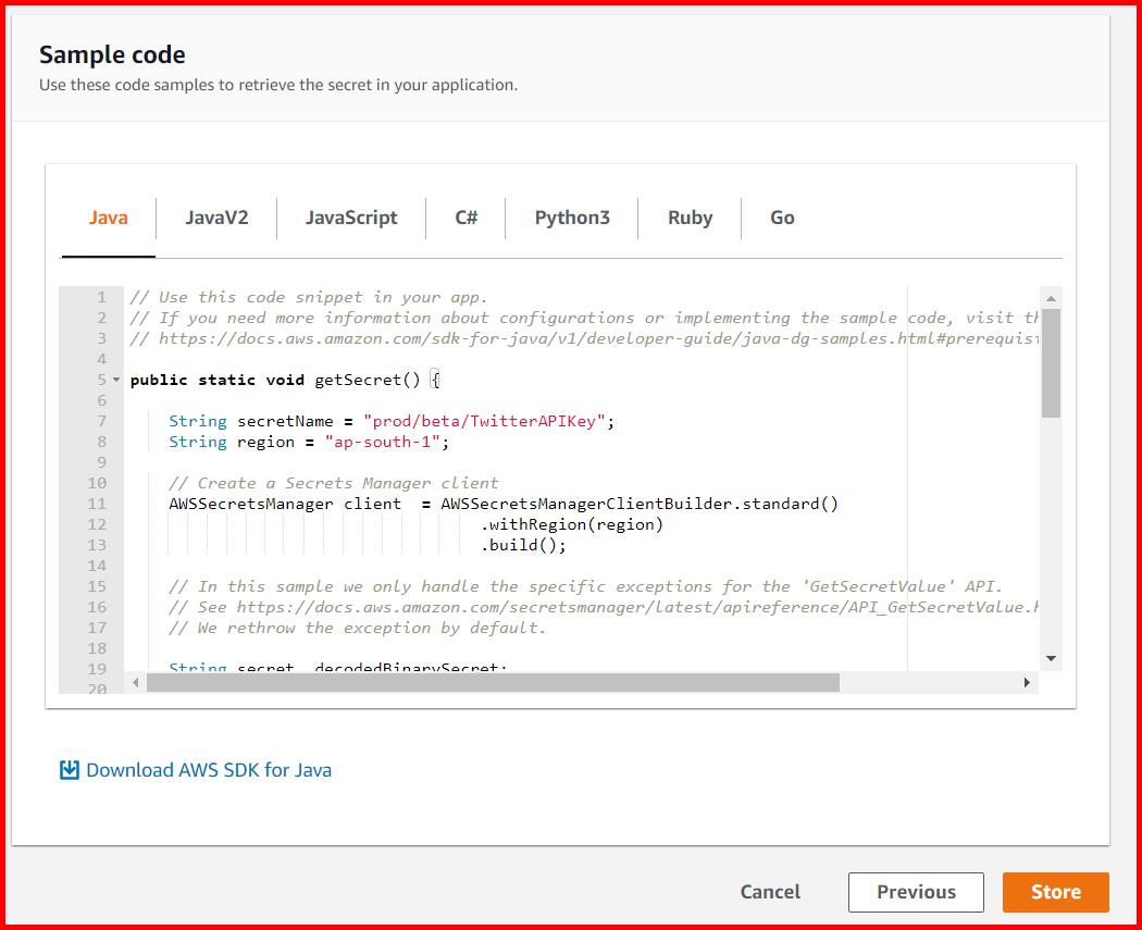 Picture showing the code of different programming languages for accessing the secret